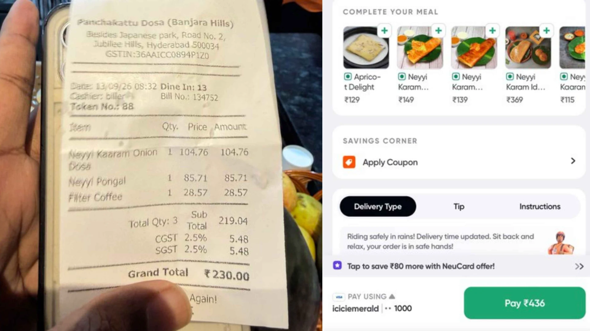 Restaurant Bill vs Swiggy